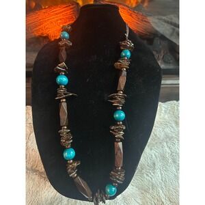 Paparazzi Necklace‎ & Earrings Set Turquoise Brown Wood Boho Fashion Jewelry